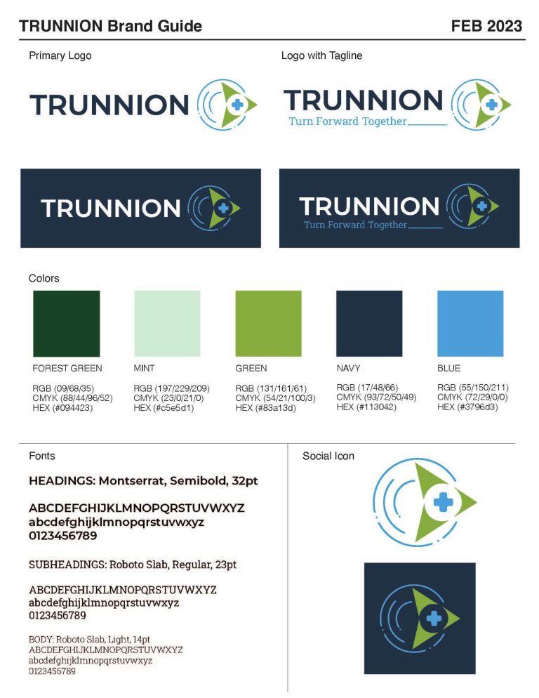 A brand guide with logo, colors, and fonts