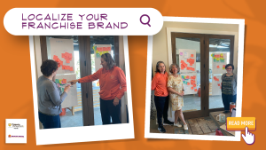 A photo collage of women standing in front of a wall covered in post-it notes