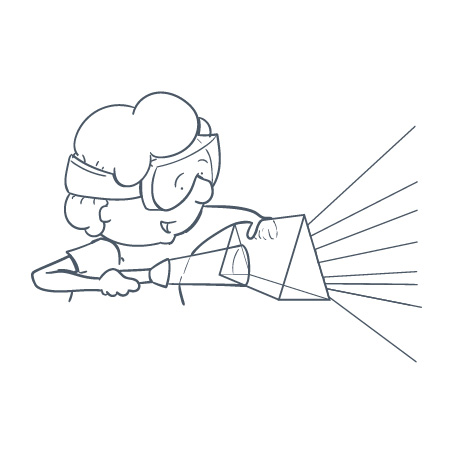 a cartoon of a person holding a flashlight through a prism