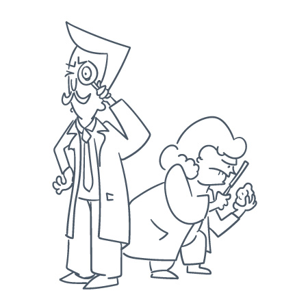 a cartoon of two detectives looking through magnifying glasses