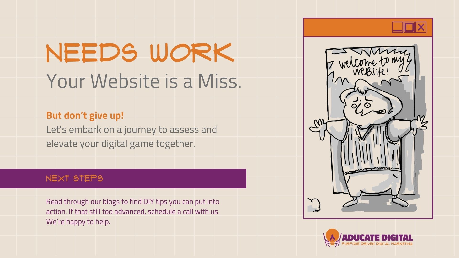 A graphic showing the result of a quiz called “Crack the code: is your website a hit or a miss?”. Players selected answers that gave them a “Needs Work” result.