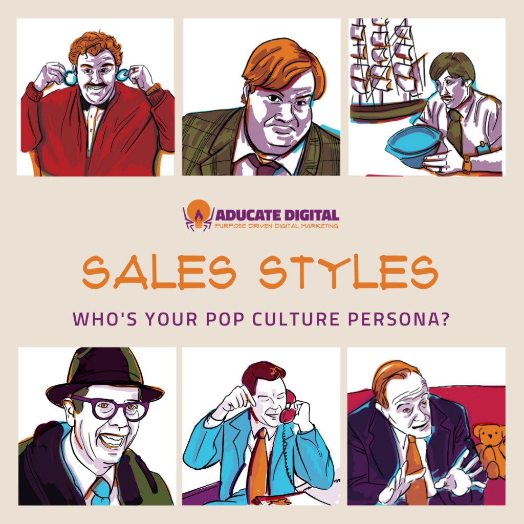 A colorful graphic illustrating different pop culture figures like John Candy, Chris Farley, and Jordan Belfort, representing different sales styles.