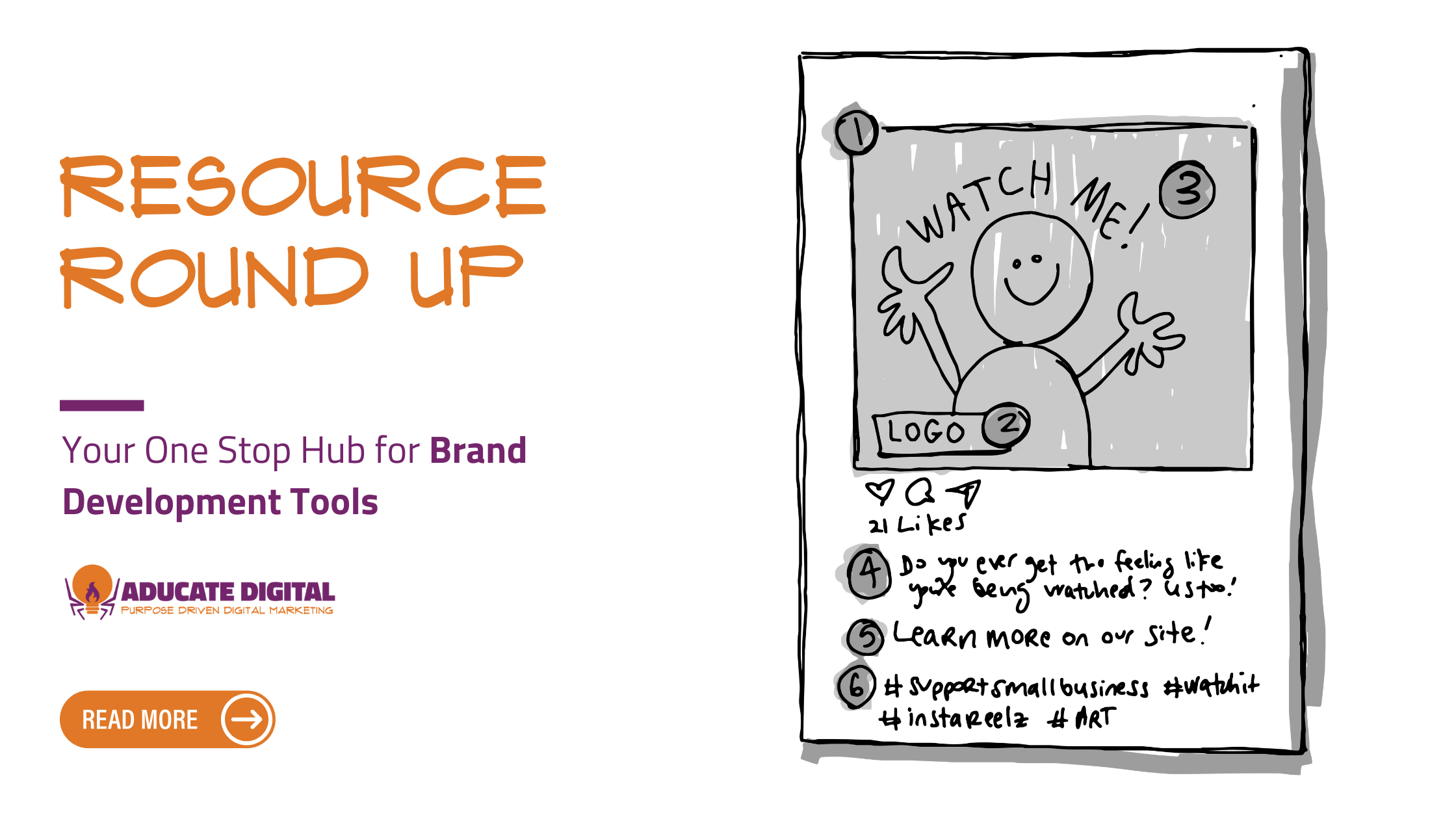 Hand-drawn social media post illustration featuring a happy stick figure saying 'Watch Me!' with elements like a logo, likes, and hashtags. Text reads: 'Resource Round Up - Your One Stop Hub for Brand Development Tools.
