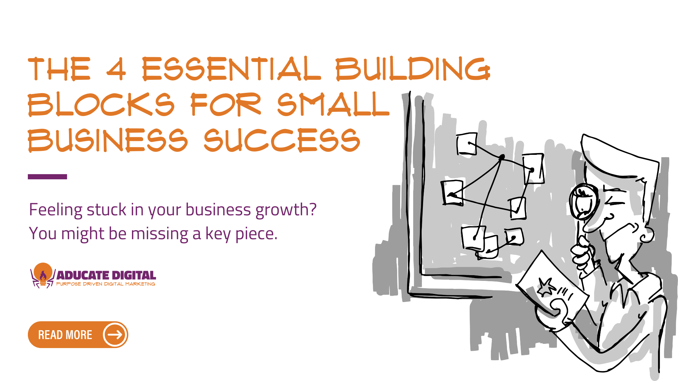 A business owner examines a strategic diagram on a board with a magnifying glass, symbolizing the search for missing pieces in business growth. The text reads, "The 4 Essential Building Blocks for Small Business Success."