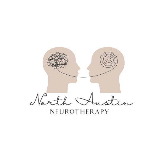 North Austin Neurotherapy logo featuring two beige-colored human head outlines connected by a single line—one head has a tangled scribble representing confusion, while the other has a smooth spiral representing clarity. The business name is written in an elegant script below.