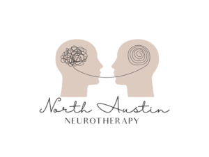 North Austin Neurotherapy logo featuring two beige-colored human head outlines connected by a single line—one head has a tangled scribble representing confusion, while the other has a smooth spiral representing clarity. The business name is written in an elegant script below.