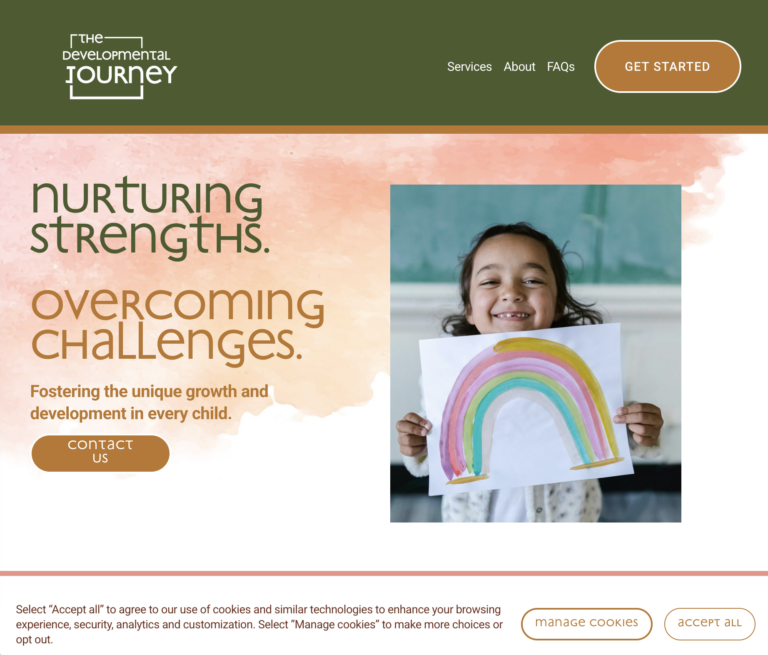 Screenshot of The Developmental Journey’s homepage showcasing a clean, engaging design with bright colors, clear navigation, and welcoming pediatric care messaging.