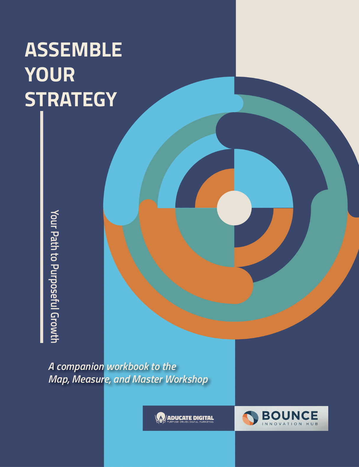 Cover page of the 'Assemble Your Strategy' workbook, a marketing strategy guide designed to help small business owners plan for 2025 with data-driven tools, goal-setting exercises, and brand clarity frameworks.
