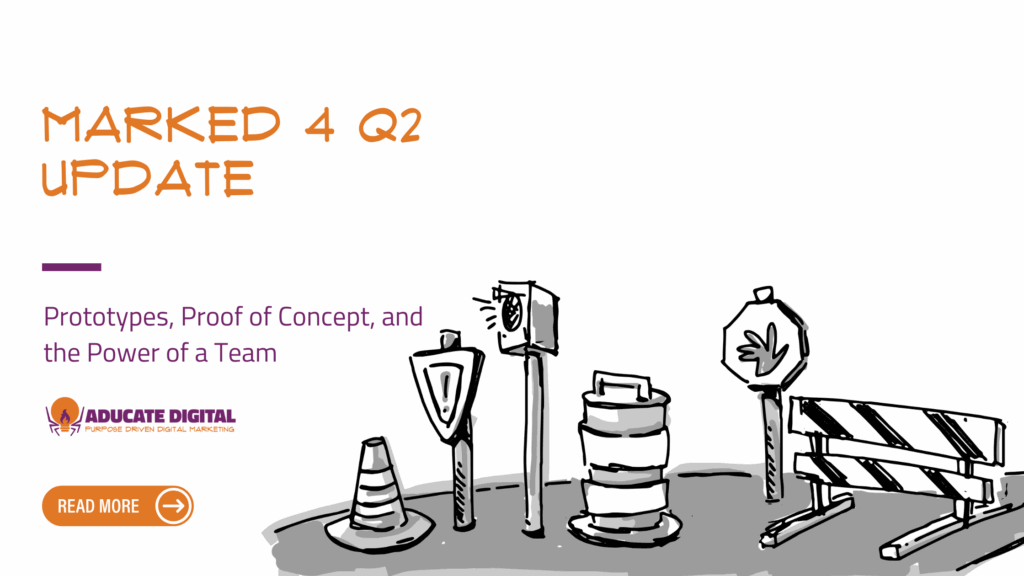 Illustration of road signs and barriers symbolizing obstacles, with title 'MarkED 4 Q2 Update' and tagline 'Prototypes, Proof of Concept, and the Power of a Team' from Aducate Digital