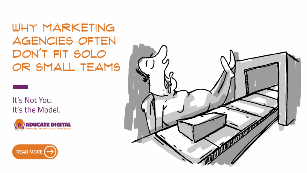 Illustration of a person asleep with drool and legs propped up on a conveyor belt, symbolizing the “set it and forget it” approach of many marketing agencies.