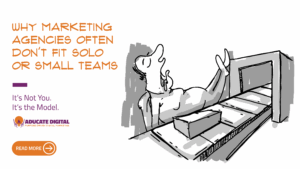 Illustration of a person asleep with drool and legs propped up on a conveyor belt, symbolizing the “set it and forget it” approach of many marketing agencies.
