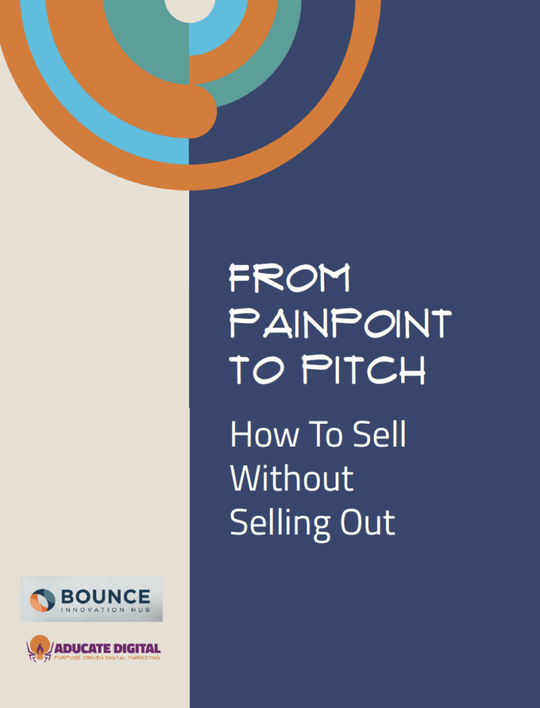 Cover of the From Painpoint to Pitch workbook by Aducate Digital, featuring bold text and layered prompts about relational sales