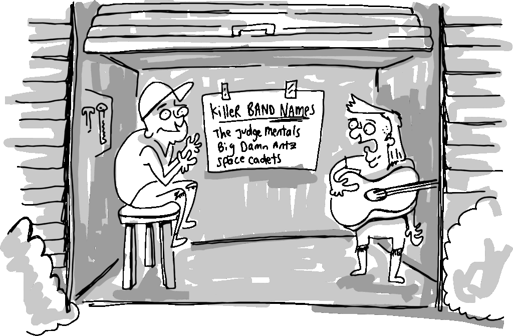 Illustration of two musicians brainstorming band names in a garage