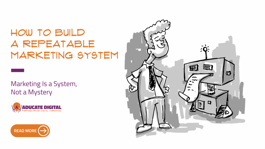 How to build a repeatable marketing system – cartoon of a confident business owner standing next to a machine printing a checklist, representing marketing as a system.