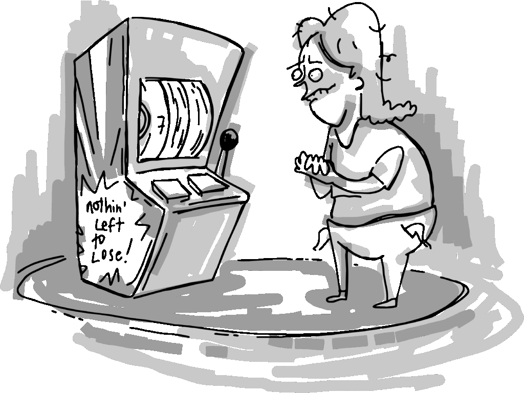 Desperate artist standing in front of a slot machine, symbolizing risky financial choices, with the message “Don’t bet your eatin’ money,” illustrating stress-testing a creative business idea.