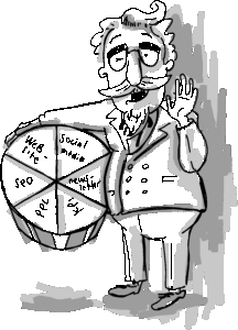 Illustration of Colonel Sanders in a business suit holding a bucket shaped like a pie chart with six segments labeled website, social media, newsletters, KPI, SEO, and PPC.