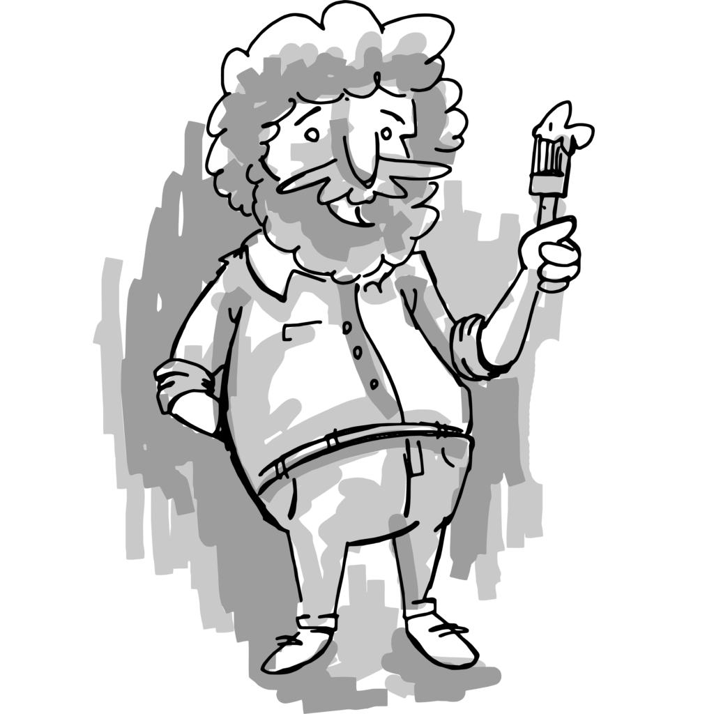 Cartoon-style drawing of a cheerful artist holding a paintbrush with a dab of paint, symbolizing creative freedom and expression.