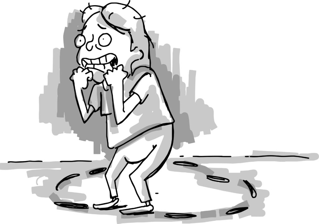 Cartoon-style illustration of a nervous person biting their nails while standing in a small circle