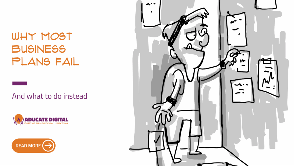 Cartoon illustration of a small business owner organizing papers on a wall into piles, symbolizing sorting through business ideas and plans.