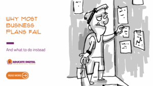 Cartoon illustration of a small business owner organizing papers on a wall into piles, symbolizing sorting through business ideas and plans.