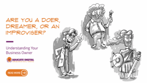 Cartoon illustrations representing business owner archetypes: Bill Nye as the Doer, Bob Ross as the Dreamer, and Braveheart as the Improviser