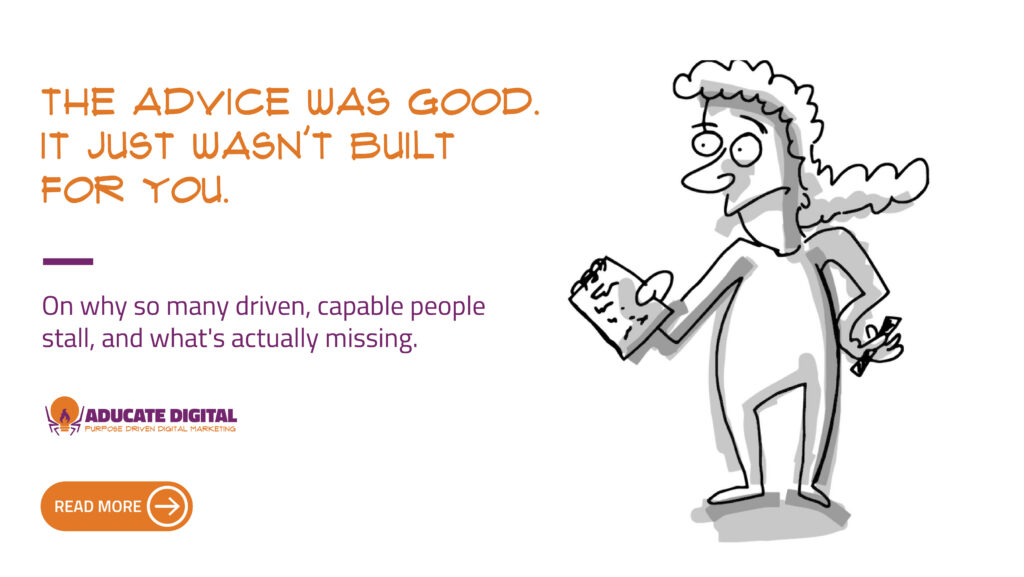 A person holds an open notebook full of notes in one hand and a pencil in the other, looking confused — representing the gap between information and clarity for independent entrepreneurs.