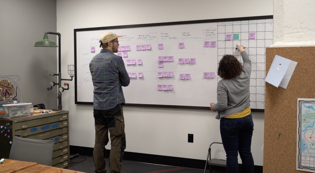 Two people standing in front of a white board with post-it notes