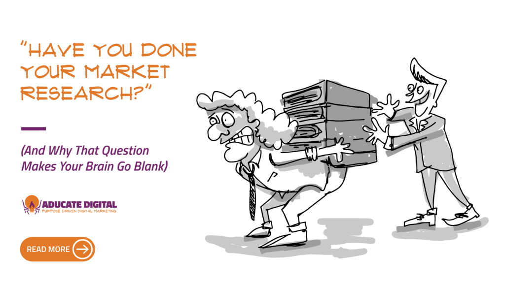 Illustration of a person bent over trying to balance a stack of books on their back while a figure in a suit pushes another book onto the pile, representing the pressure to "do your market research."
