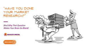 Illustration of a person bent over trying to balance a stack of books on their back while a figure in a suit pushes another book onto the pile, representing the pressure to "do your market research."