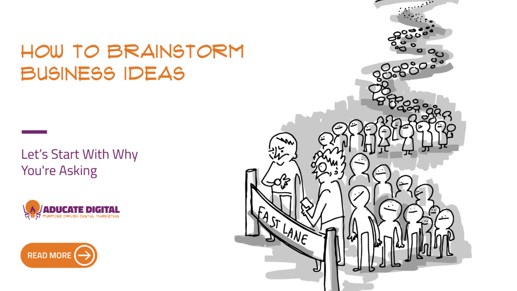 Cartoon of a long line of people waiting behind a "Fast Lane" barrier, the two at the front checking their watches, with the text "How to Brainstorm Business Ideas"