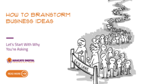 Cartoon of a long line of people waiting behind a "Fast Lane" barrier, the two at the front checking their watches, with the text "How to Brainstorm Business Ideas"